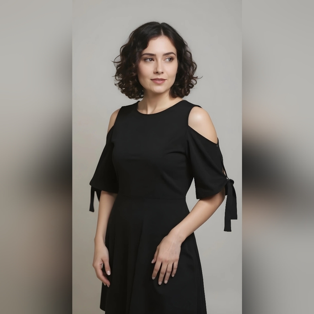 Chico's Elegant Black Dress Cold Shoulder Tie Sleeves Chicos Sz1 New With Tag